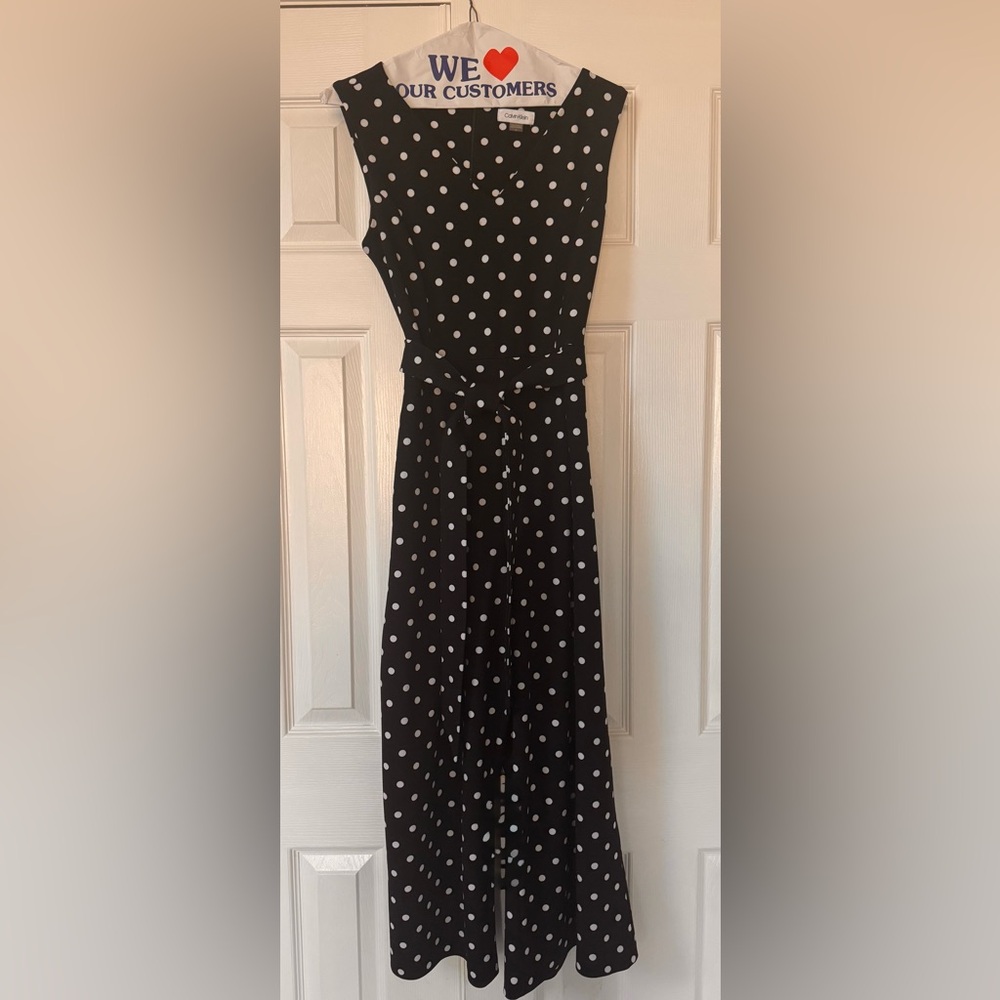 Elegant Calvin Klein Black and White Polka Jumpsuit with Pockets Size 6